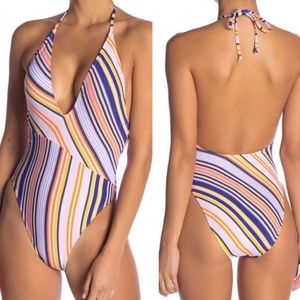 THE BIKINI LAB Geometric Stripe Plunging One Piece Swimsuit